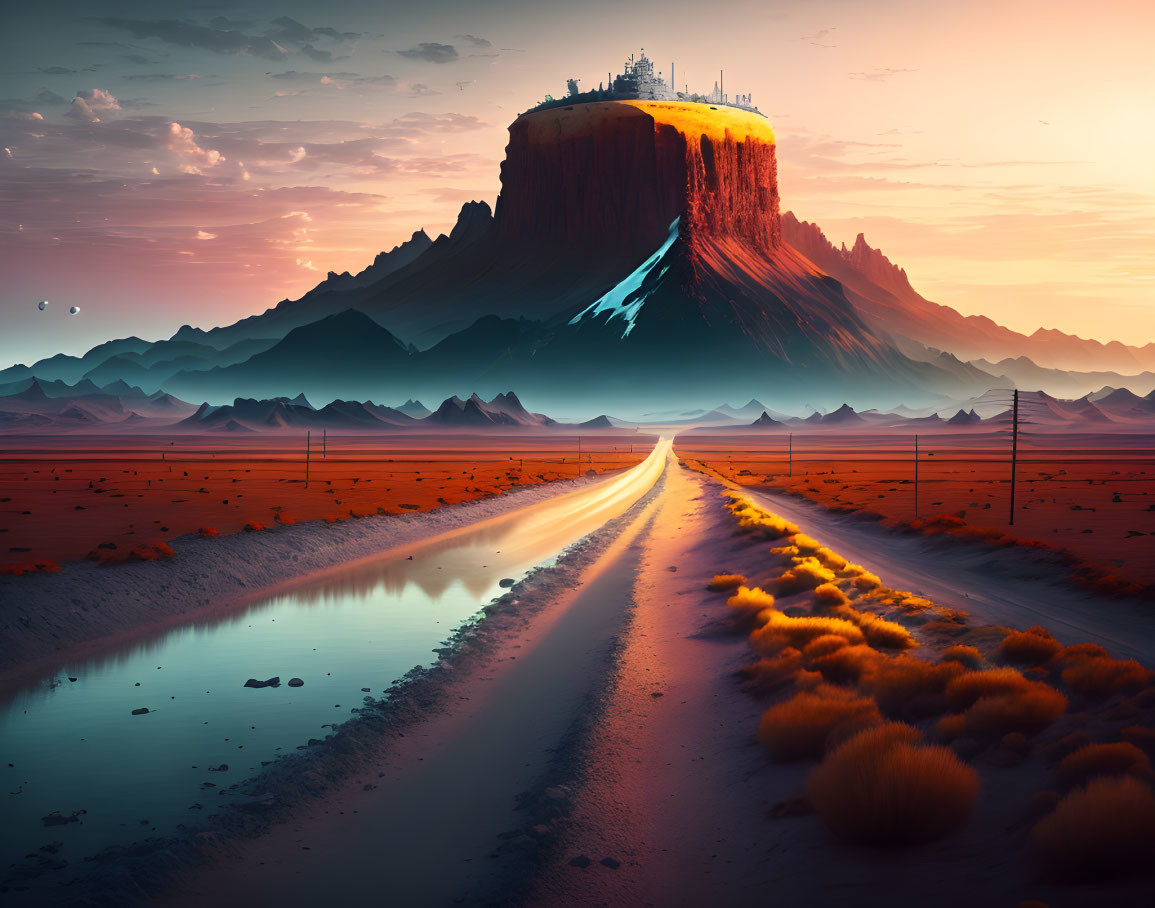 Desert sunset: Road to colossal flat-topped mountain