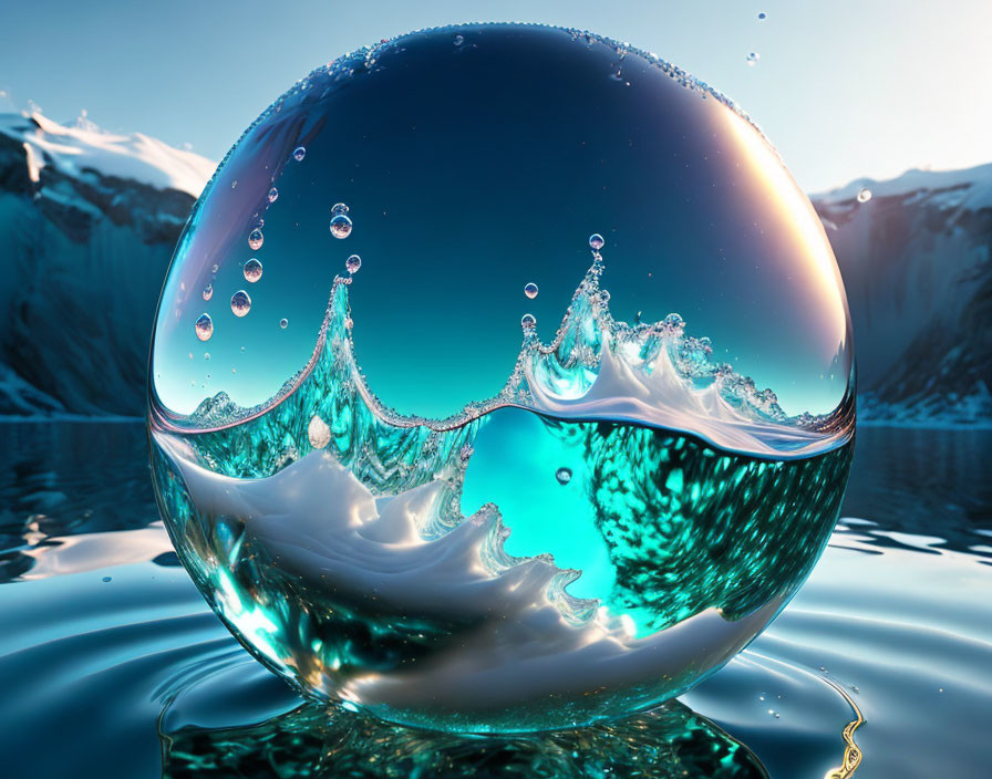 Transparent sphere reflecting serene landscape with dynamic water splash and icy mountains.