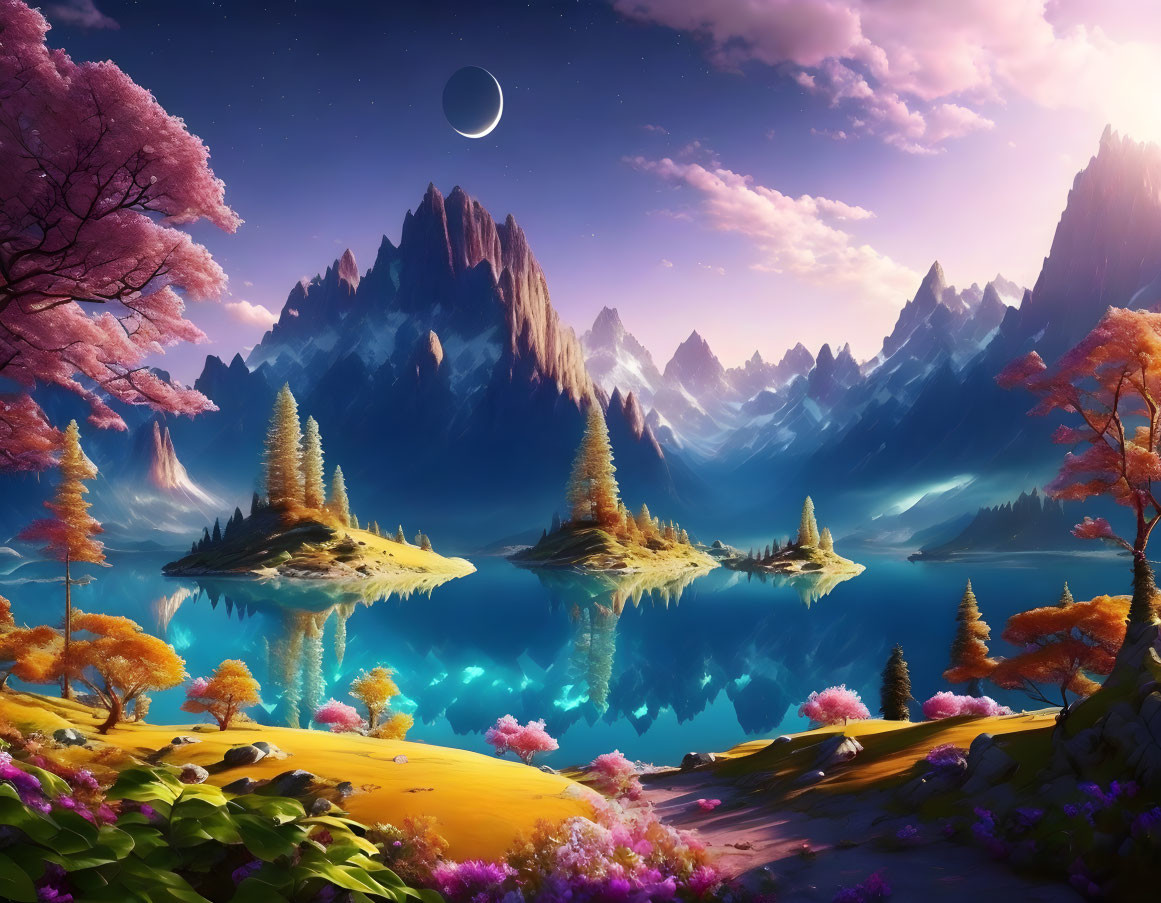 Colorful Fantasy Landscape with Pink Trees, Mountains, Lake, Moon, and Foliage