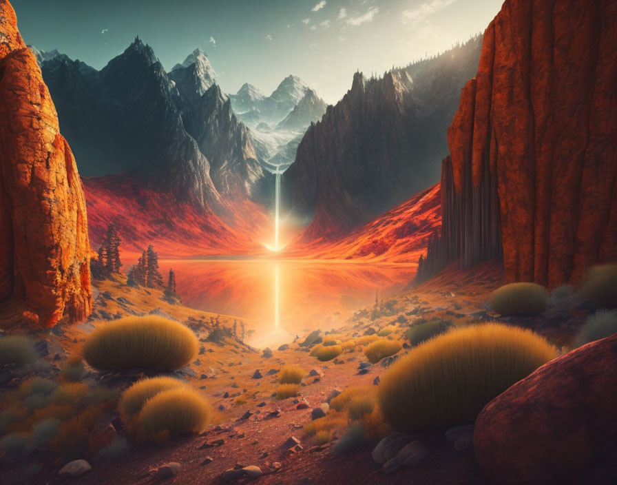 Vivid Red Foliage, Jagged Mountains, Radiant Sunburst: Fantastical Landscape