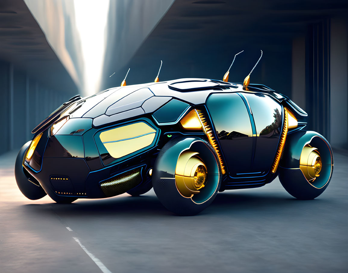 Futuristic beetle-like car with glowing accents in well-lit tunnel