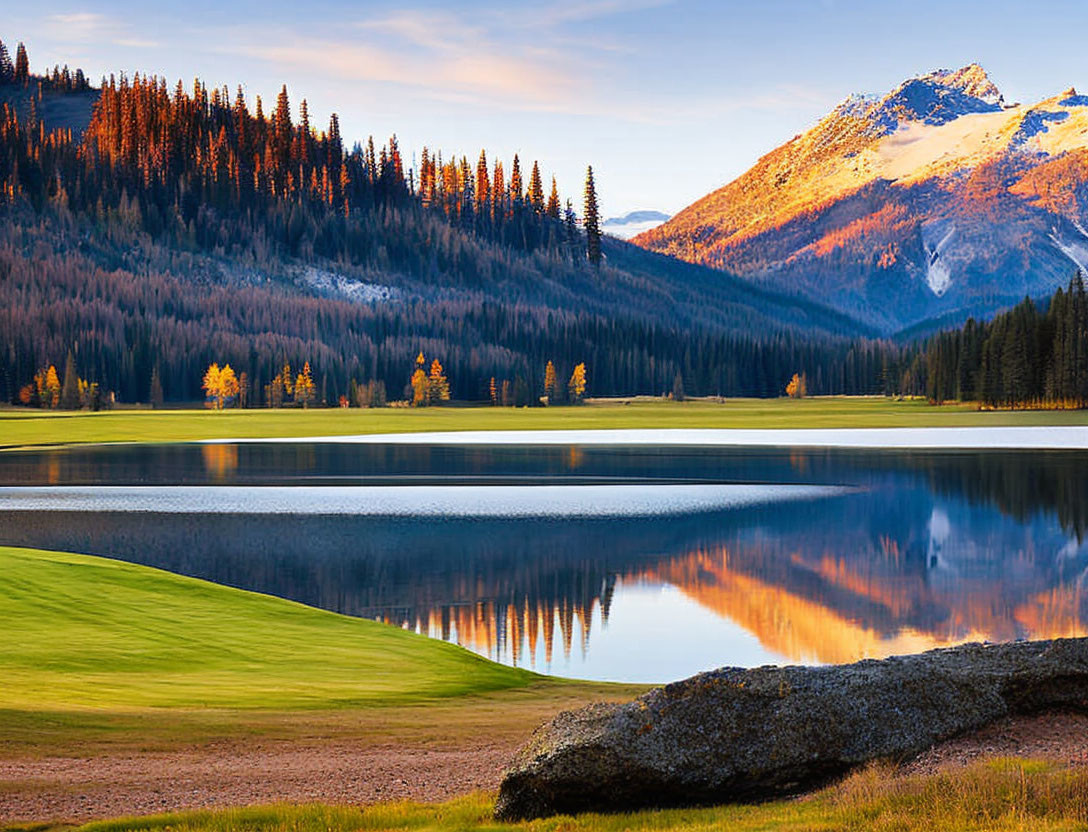 Scenic lake with snow-capped mountain and autumn forest in golden hour