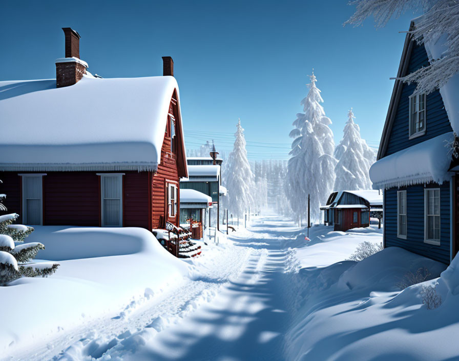 Winter scene: Snow-covered houses, trees, and clear path under blue sky