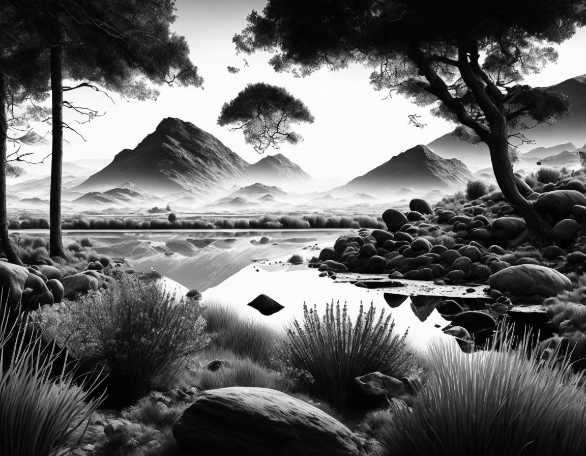 Monochromatic landscape with trees, lake, rocks, and misty mountains