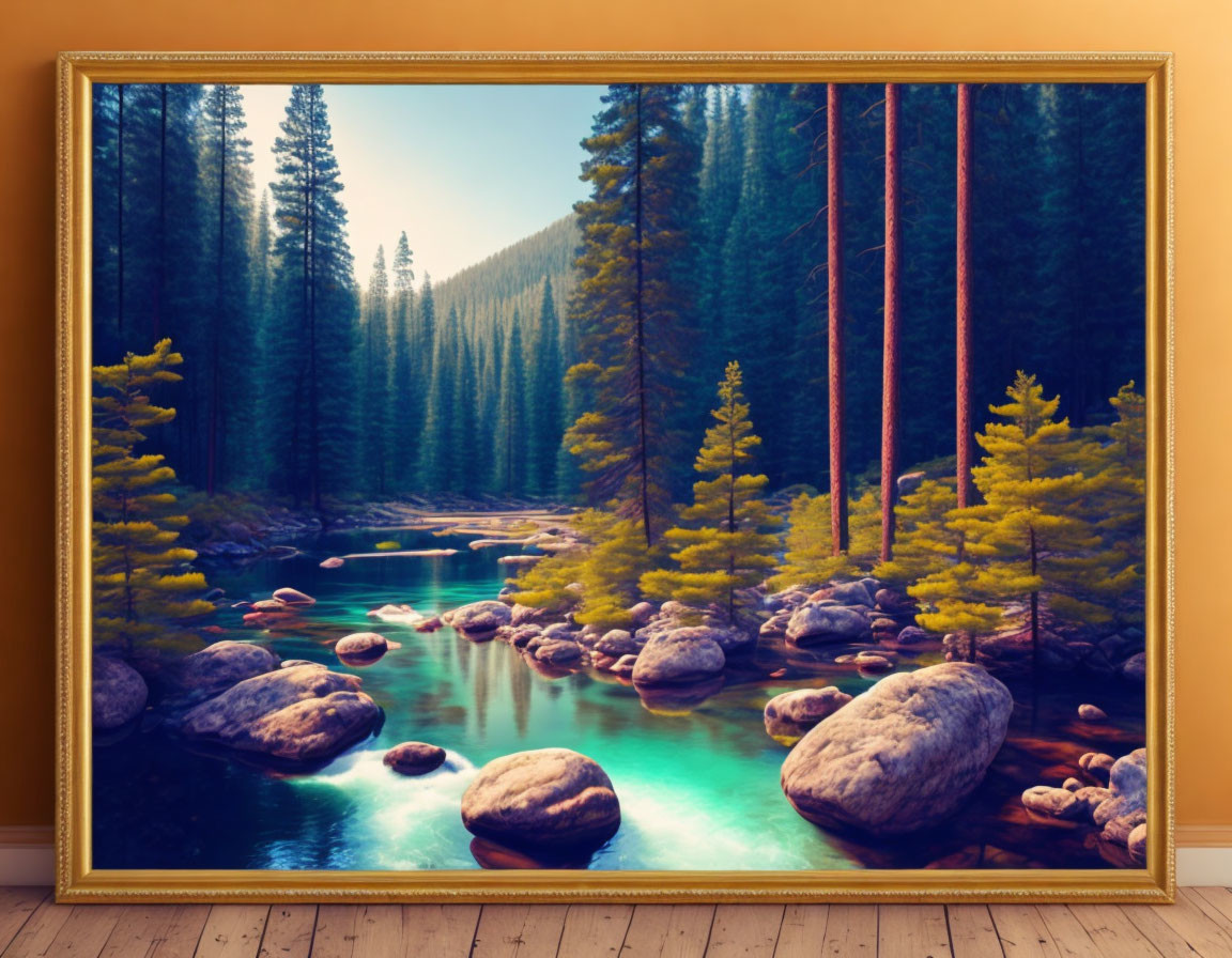 Serene forest painting with tall pine trees and stream on wooden floor