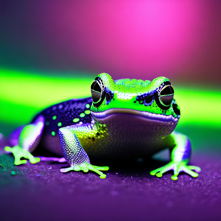 Colorful Frog Resting on Pink and Purple Gradient Background