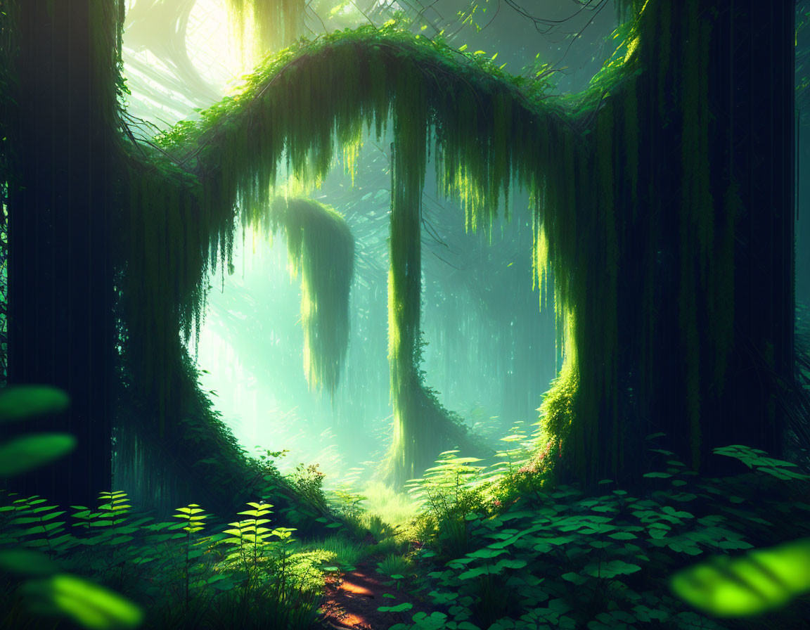 Sunlit mystical forest with lush greenery and hanging moss on misty morning