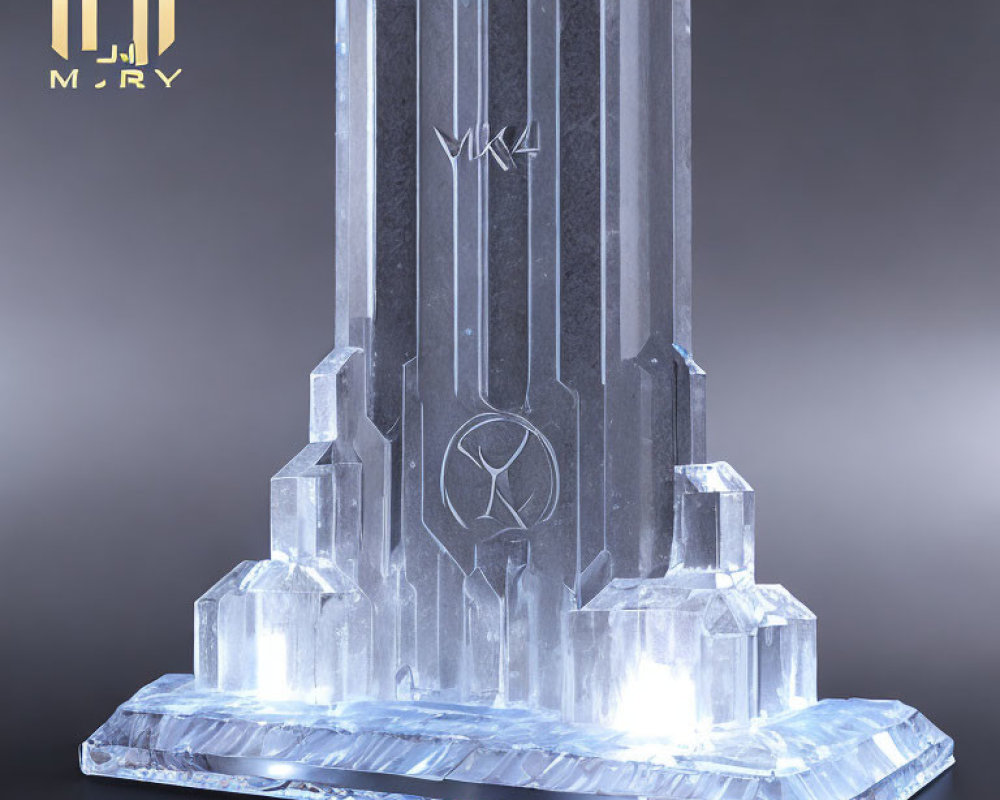 Transparent Crystal Trophy with Geometric Designs and Engraved Emblem