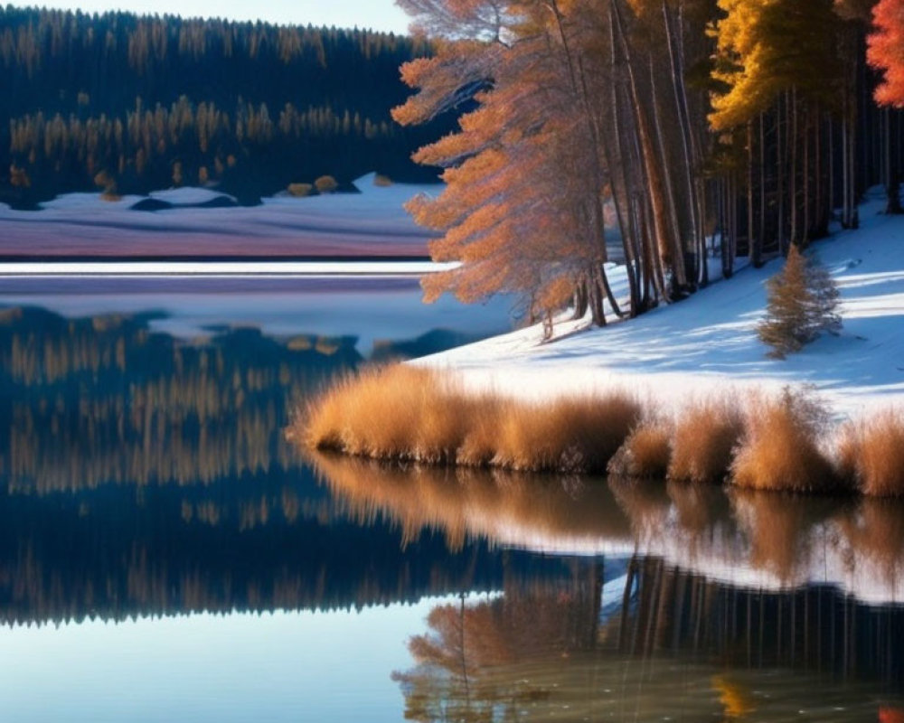 Tranquil autumn landscape with colorful trees, snowy ground, and blue sky