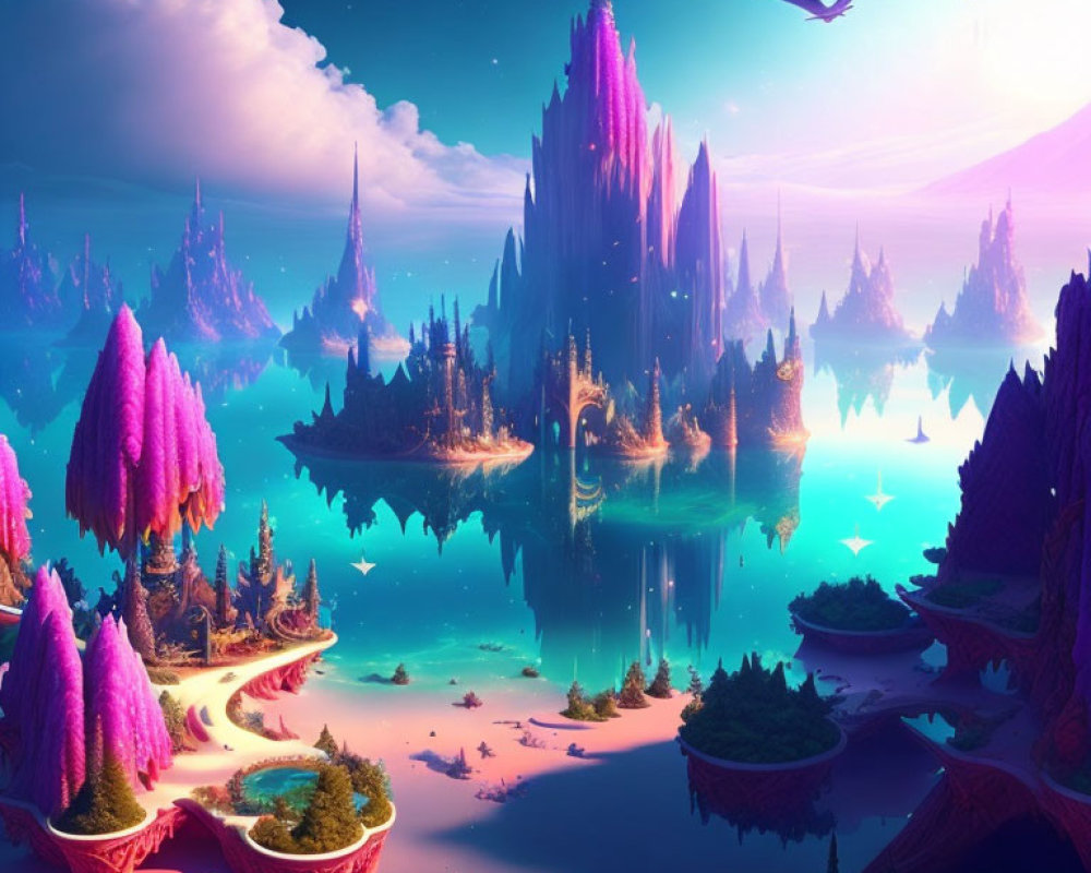 Vibrant pink and purple fantastical landscape with majestic spires and luminous trees