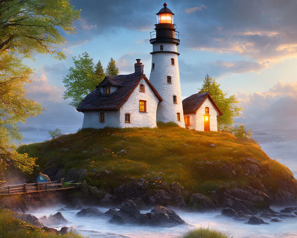 Scenic lighthouse on green knoll by rocky sea at golden hour