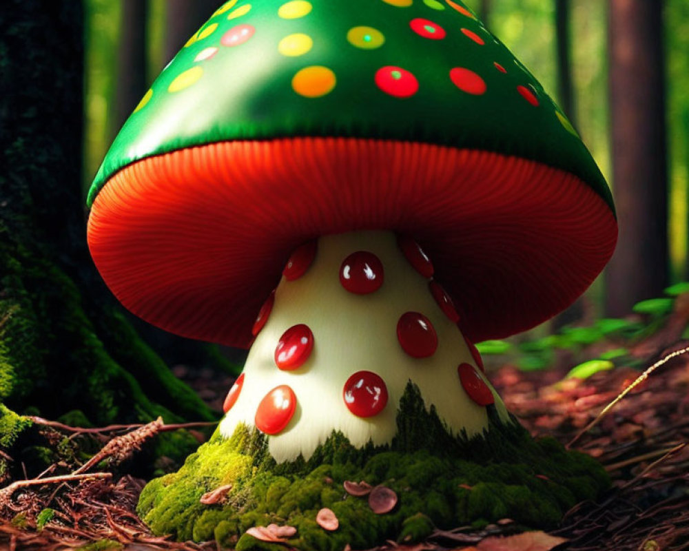 Colorful digital illustration: Red mushroom with green dotted cap in mossy forest.