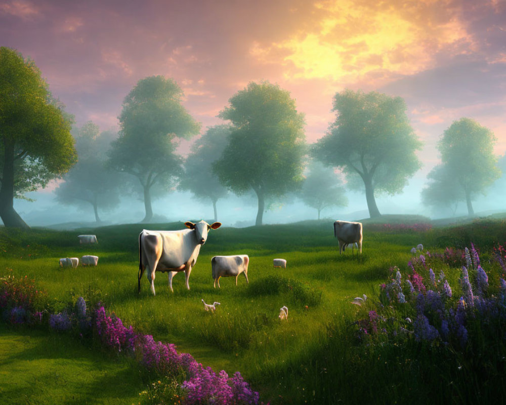 Farm animals grazing in lush meadow at sunrise with purple flowers and misty trees