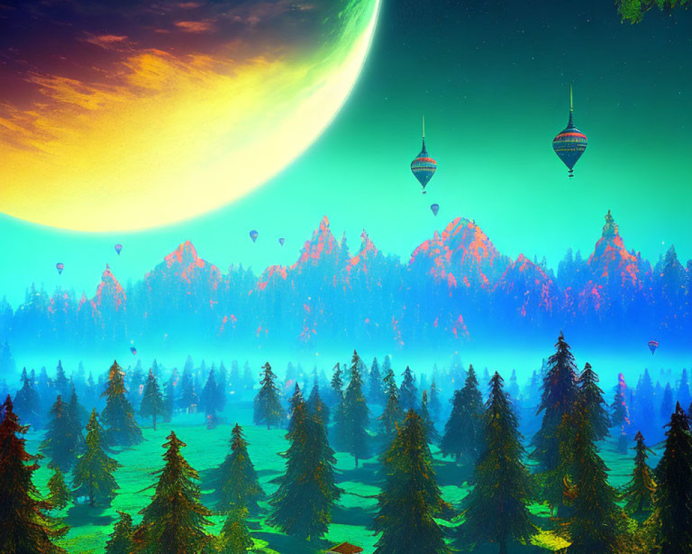 Surreal landscape with forest, crescent planet, hot air balloons, and glowing horizon