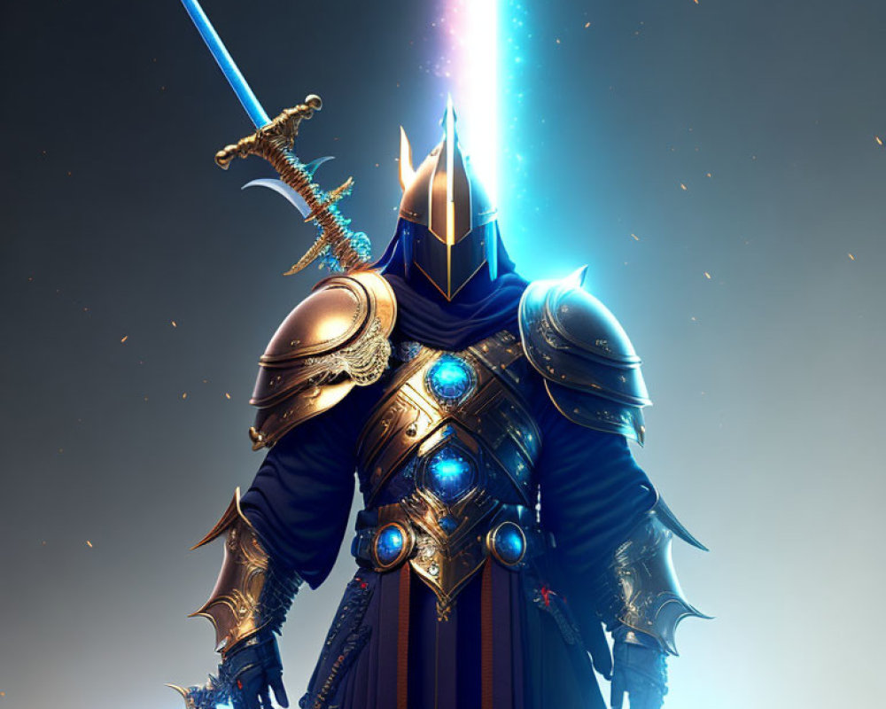 Knight in Ornate Armor with Glowing Blue Accents and Radiant Blue Sword