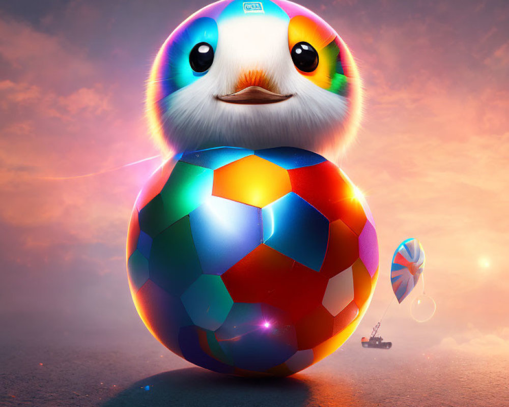 Cartoon bird on colorful soccer ball in surreal landscape