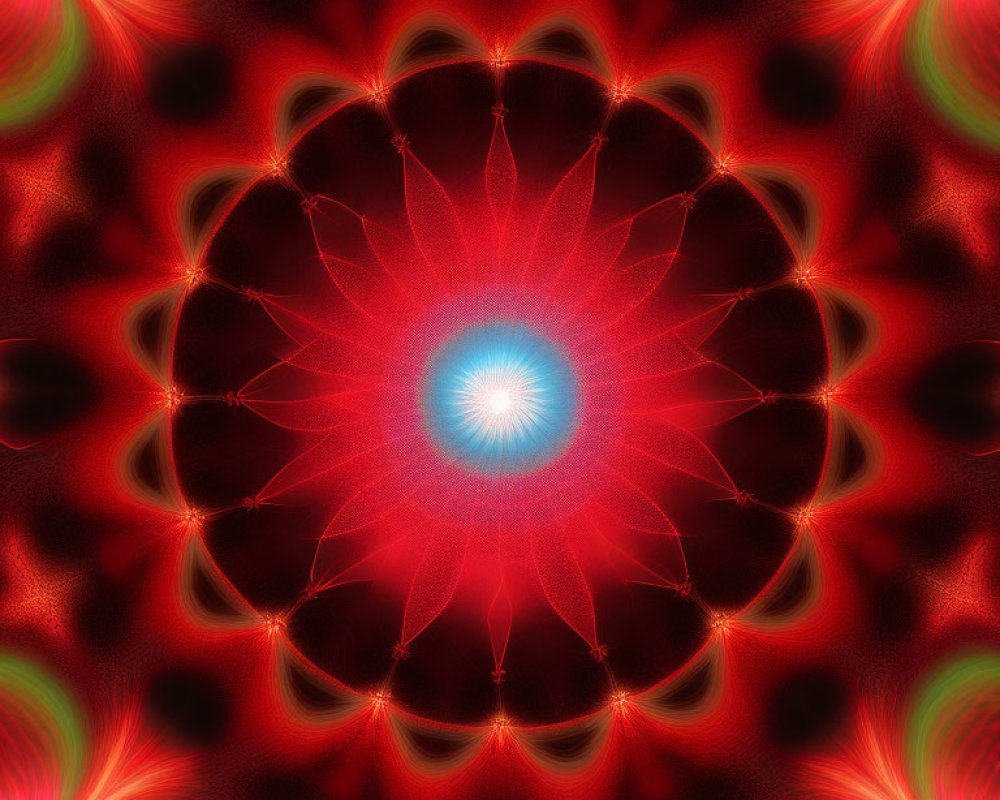 Fractal image with central blue-white light and symmetrical red-green patterns