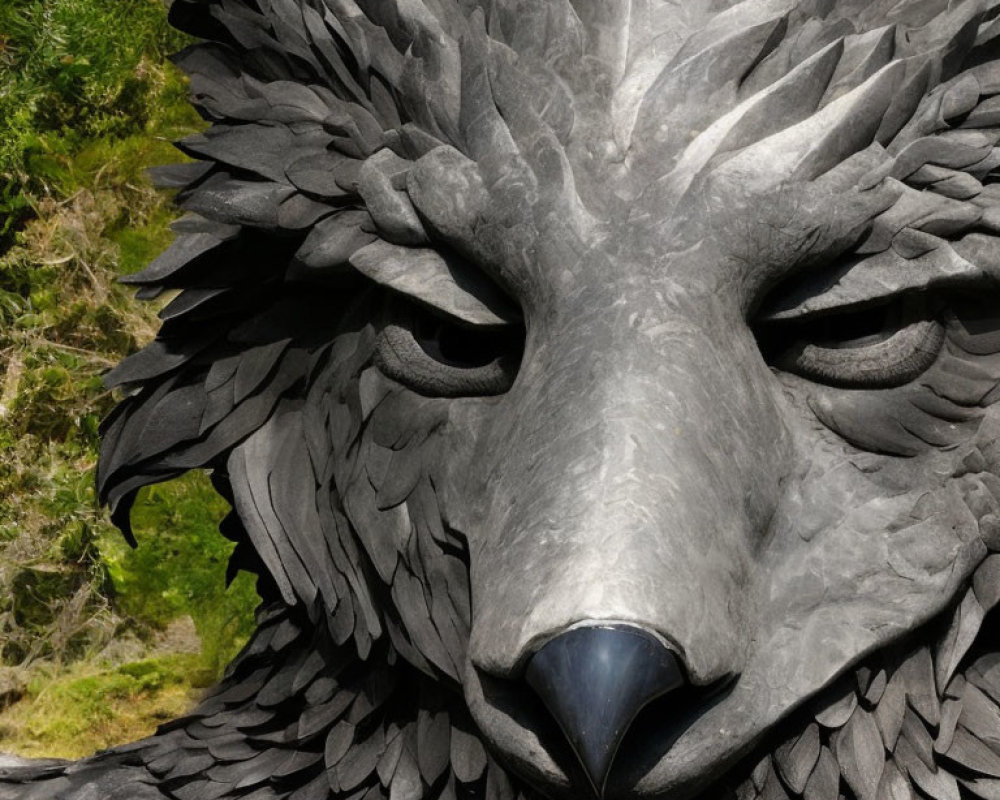 Detailed sculpture of eagle's head with sharp beak and intense eyes surrounded by trees