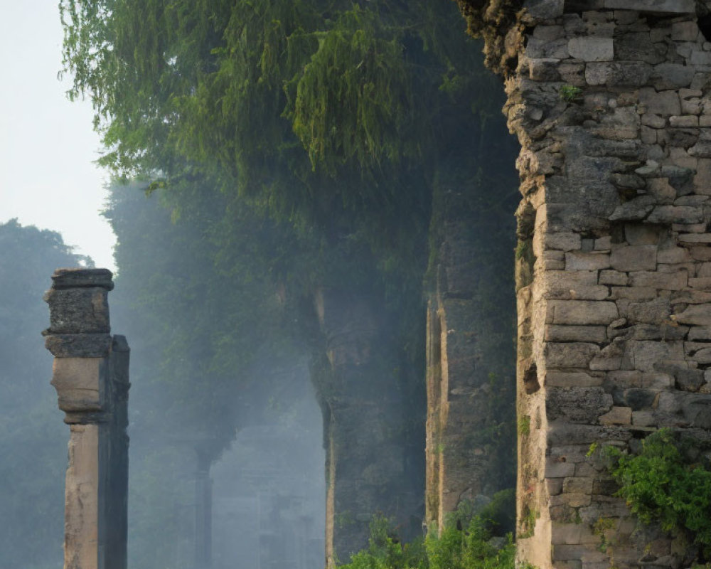 Ancient stone columns in lush greenery under soft morning light