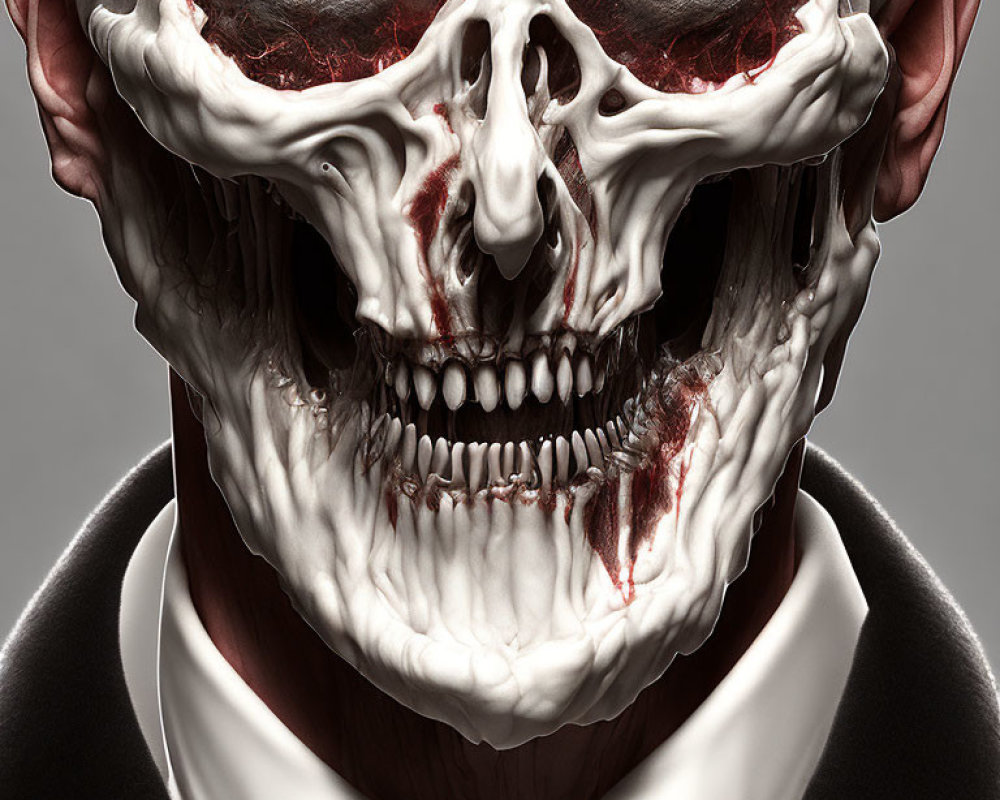 Detailed Menacing Skull in Suit with Red Tie Portrait