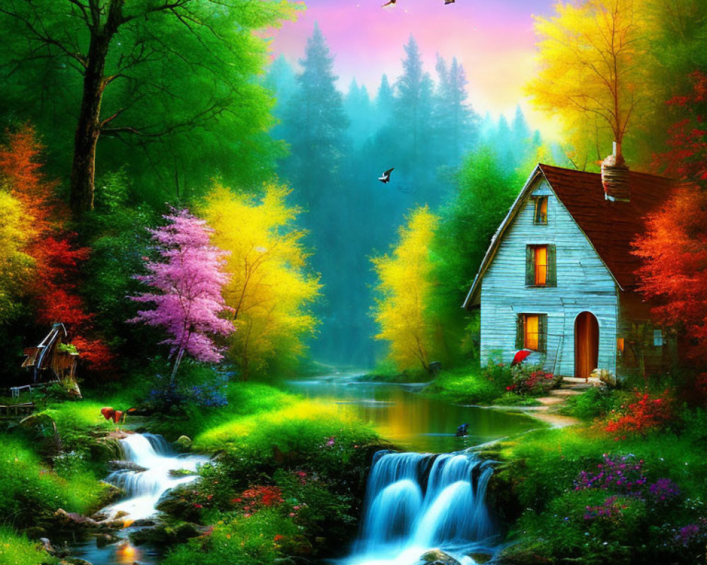 Scenic cottage by stream with waterfall, colorful trees, and birds