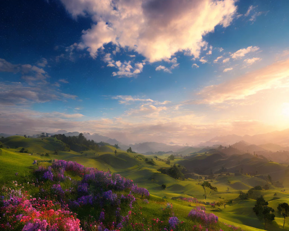 Scenic sunset landscape with rolling hills and wildflowers at dusk