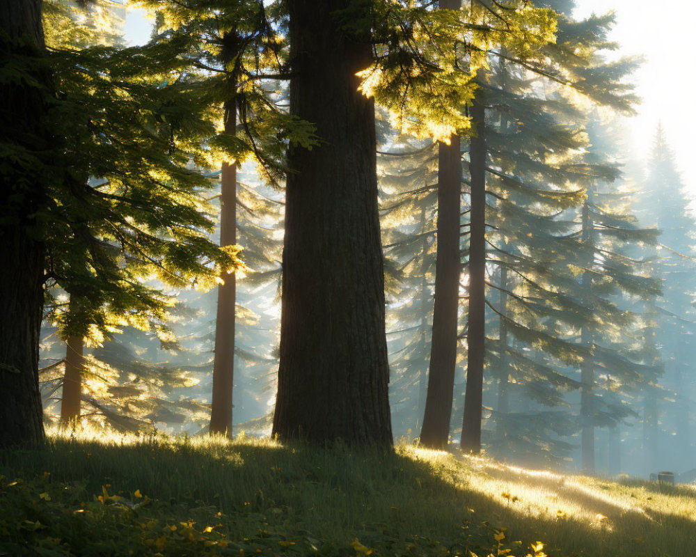 Serene forest scene with sunlight filtering through misty air