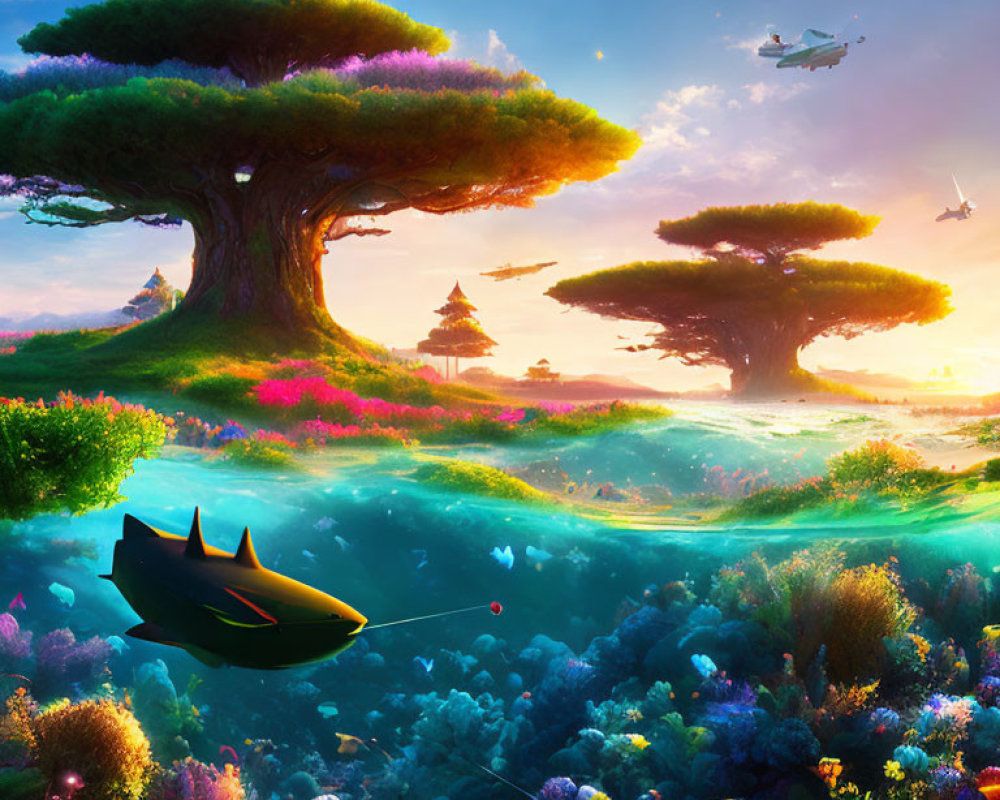 Fantastical landscape with oversized trees, airships, and a submarine