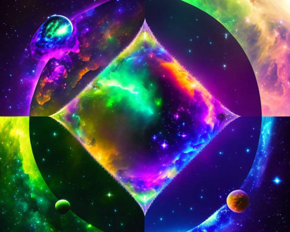 Colorful Cosmic Collage of Nebulas, Stars, and Planets in Geometric Design