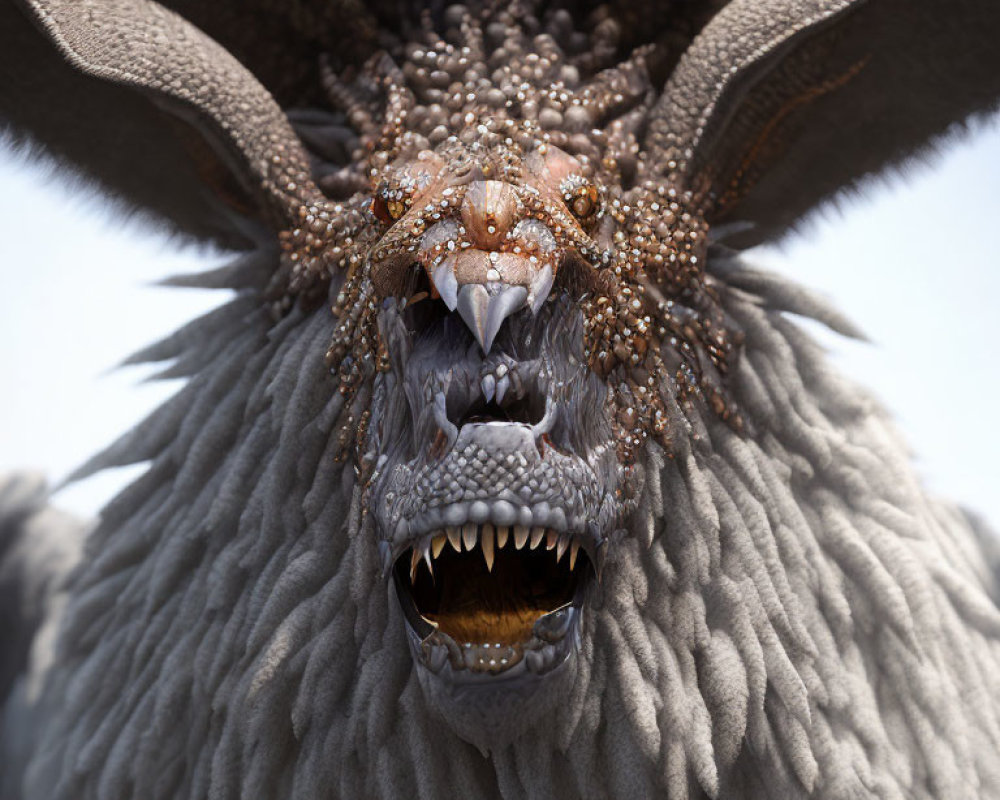 Fantastical creature with horns, textured skin, and fur showing aggressive teeth