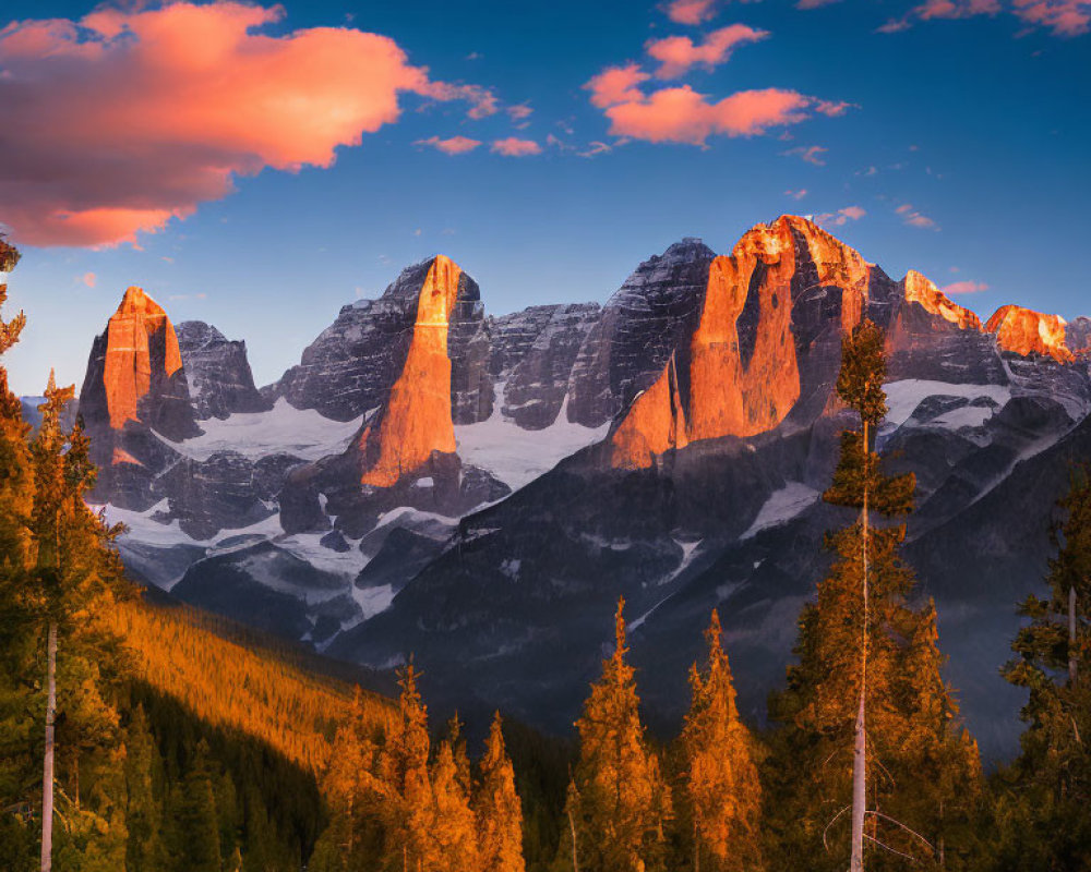 Majestic snow-capped mountains at sunset with pink sky and pine forest