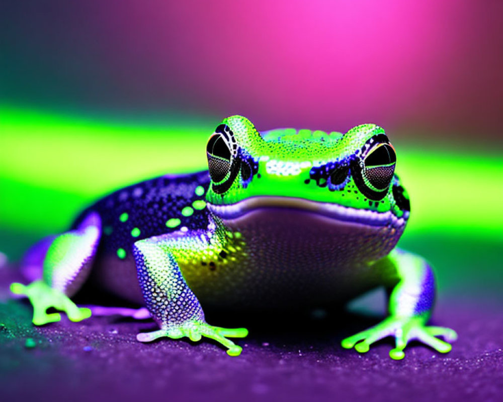 Colorful Frog Resting on Pink and Purple Gradient Background