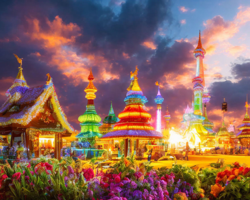 Vibrant Temple Structures with Flowers at Sunset