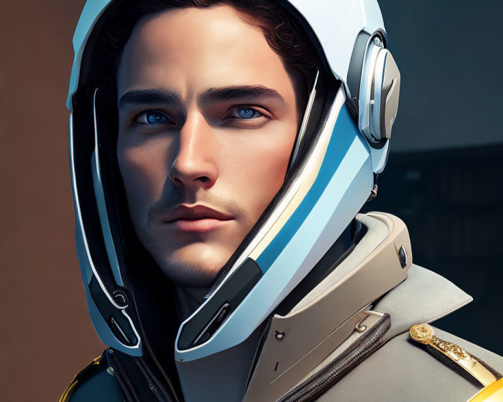 Male figure in futuristic attire with blue eyes and ornate details