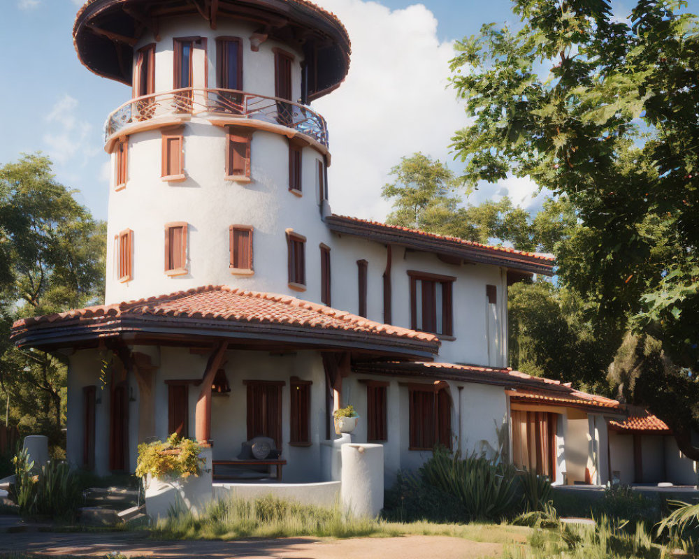 Two-story villa with cylindrical tower in lush greenery