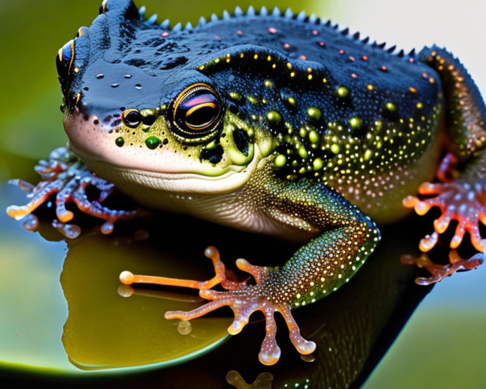 Colorful Frog Resting on Leaf with Orange Feet and Reflective Eyes