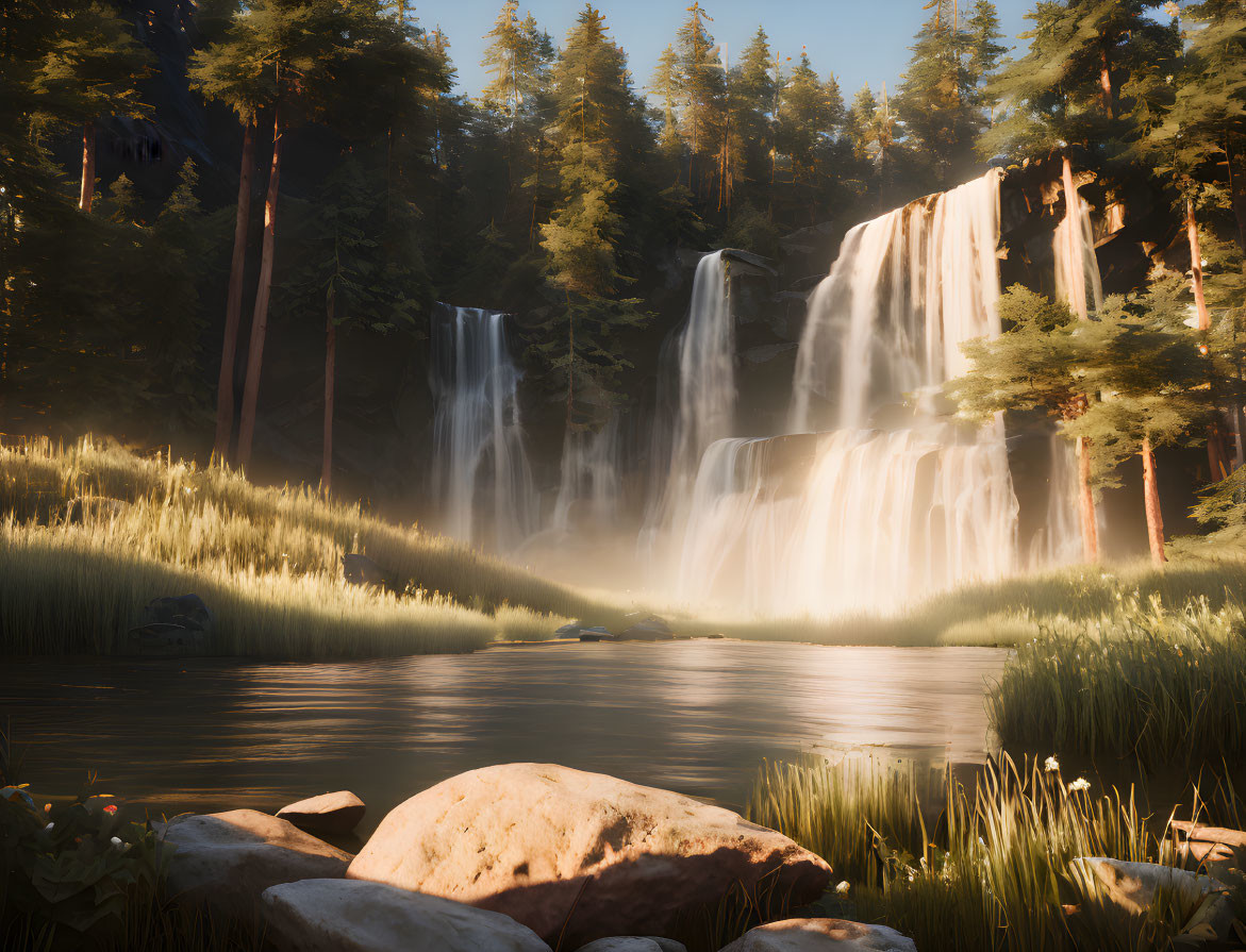 Tranquil forest pond with cascading waterfall and sunlight-filtered pines