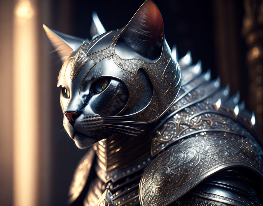 Digital artwork: Cat in ornate medieval armor with intricate helmet design