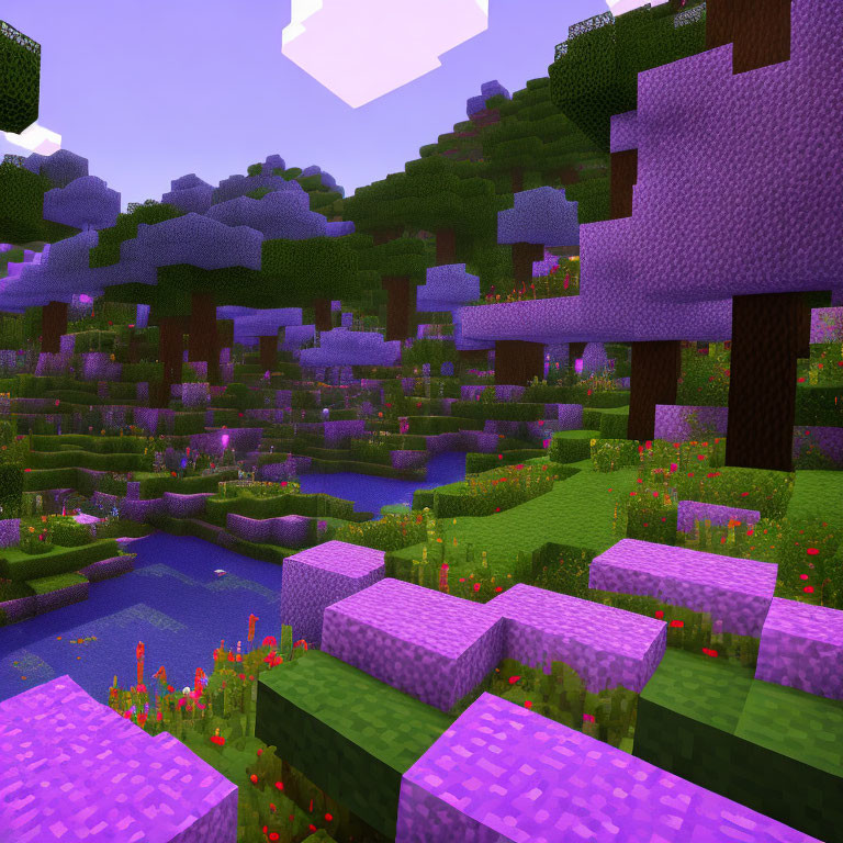 Colorful Minecraft landscape with purple trees, greenery, flowers, and a pink sky