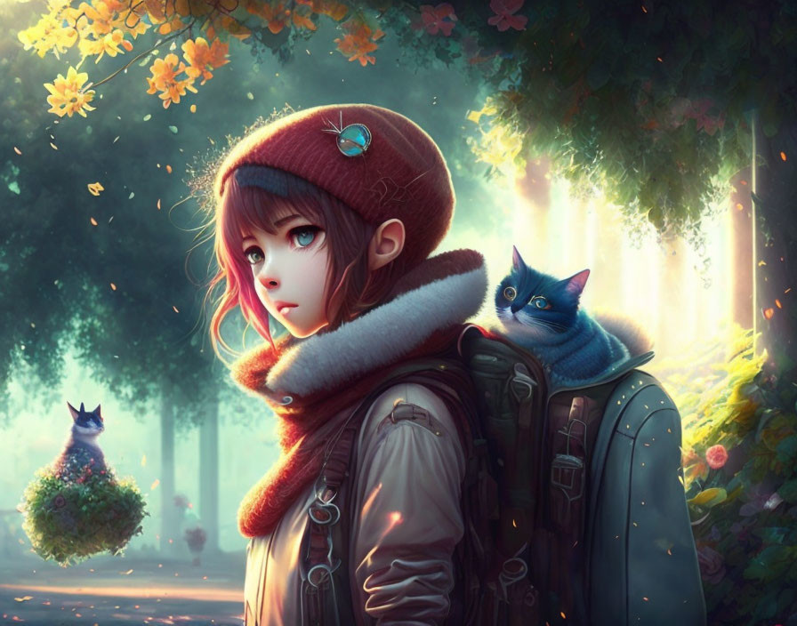 Girl in warm hat with cat in magical autumn forest