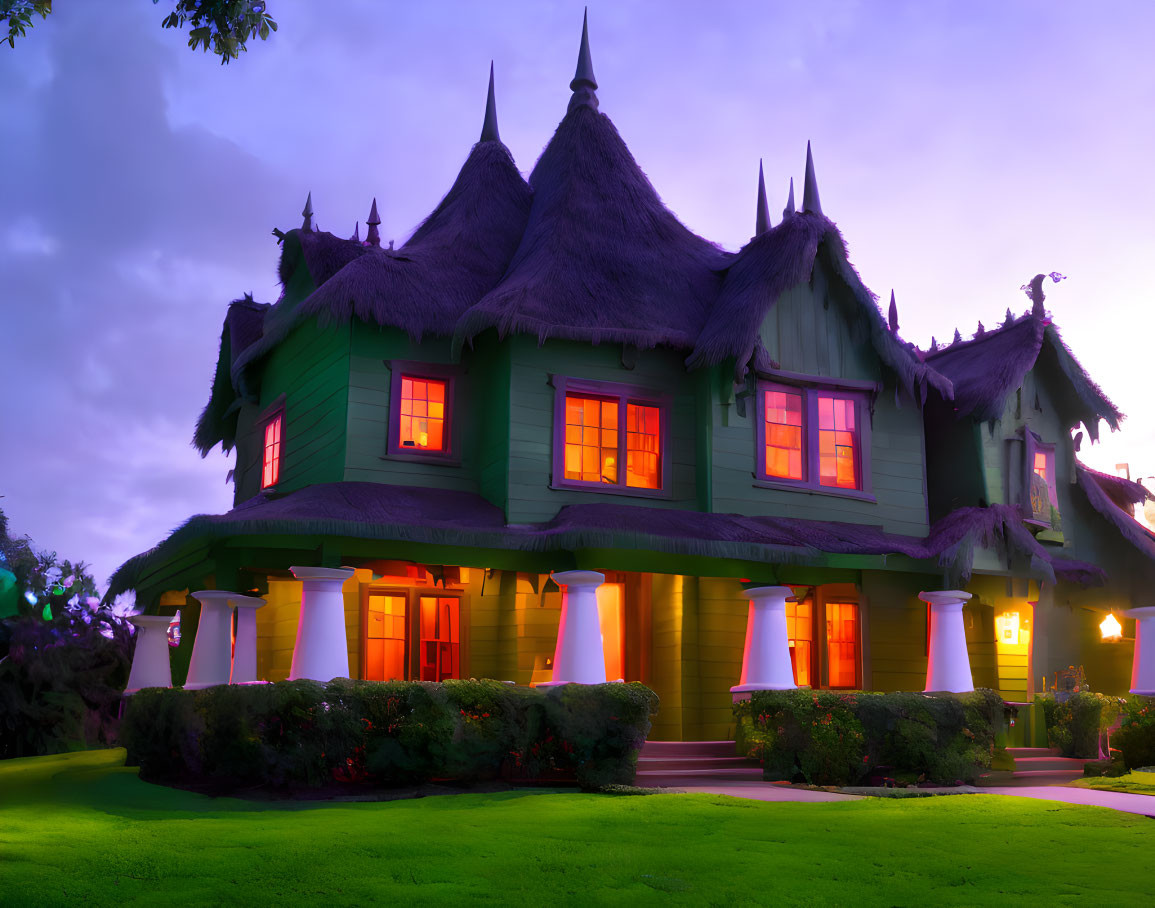 Whimsical green house with thatched roof and spires under purple twilight sky