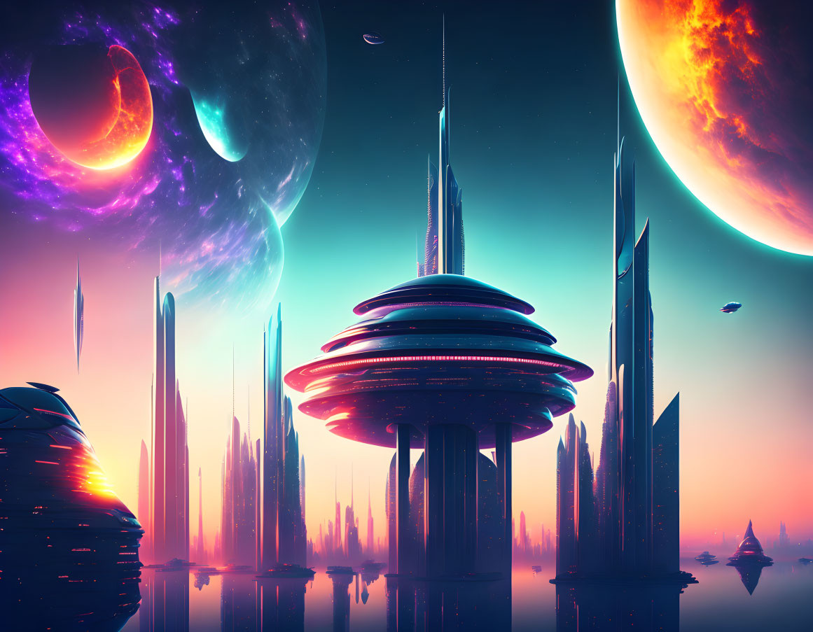 Futuristic sci-fi cityscape with towering buildings and multiple celestial bodies