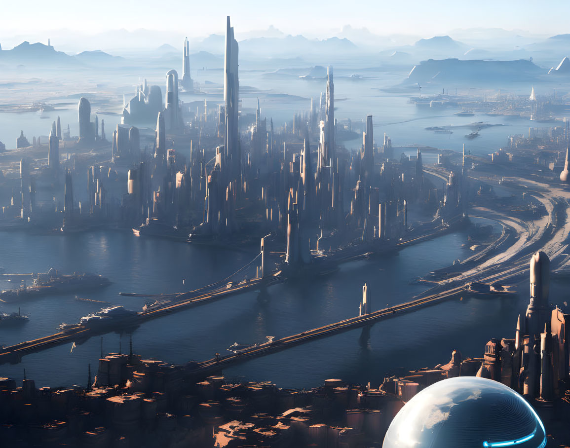 Futuristic cityscape with skyscrapers, bridges, and transparent dome under hazy sky