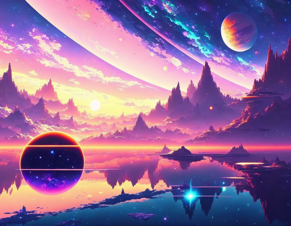 Alien landscape digital artwork: purple skies, multiple moons, reflective water, floating rocks