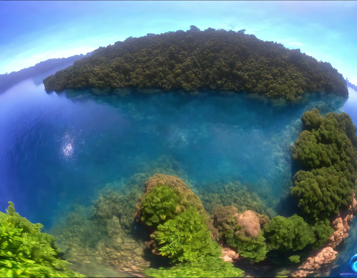 Lush forested island in clear turquoise waters