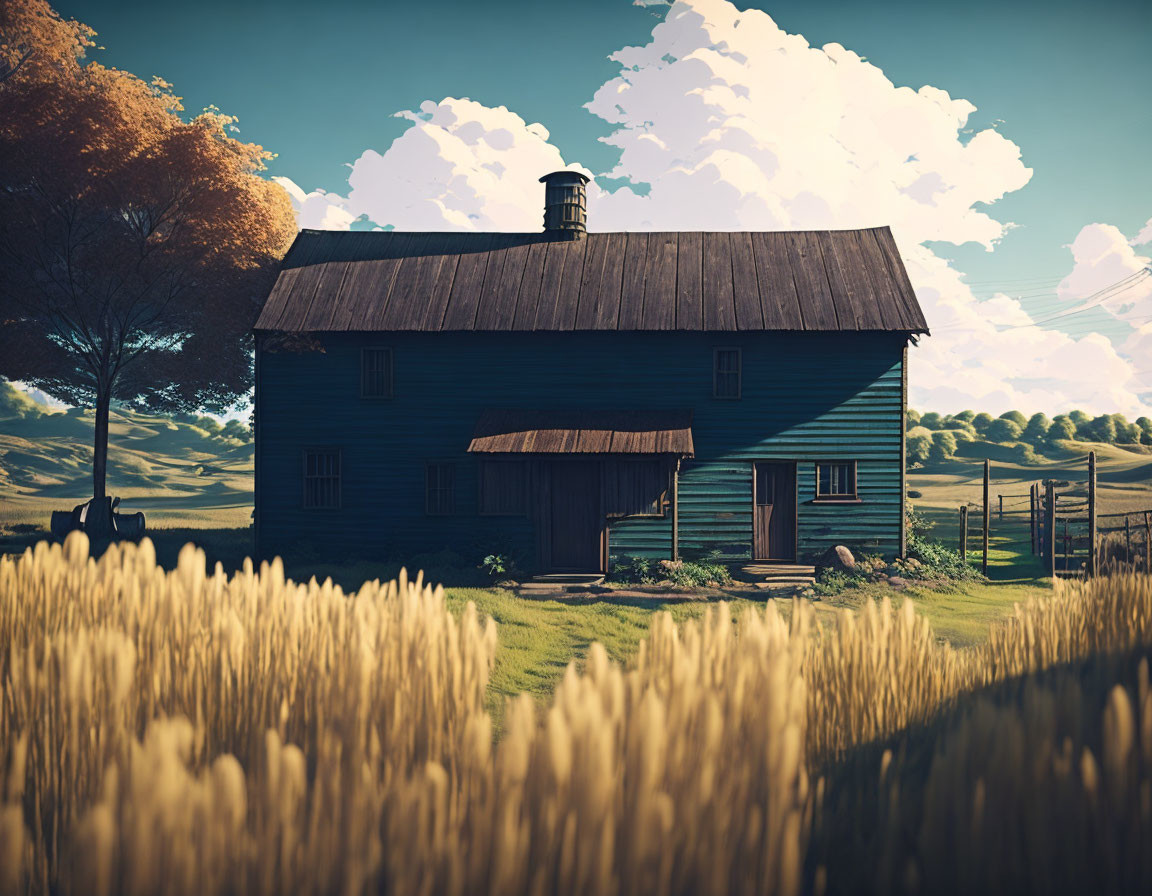 Tranquil countryside landscape with blue farmhouse, golden fields, and autumn tree