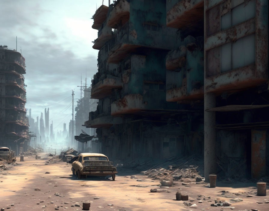 Desolate urban street with decayed buildings and rusty car in post-apocalyptic scene