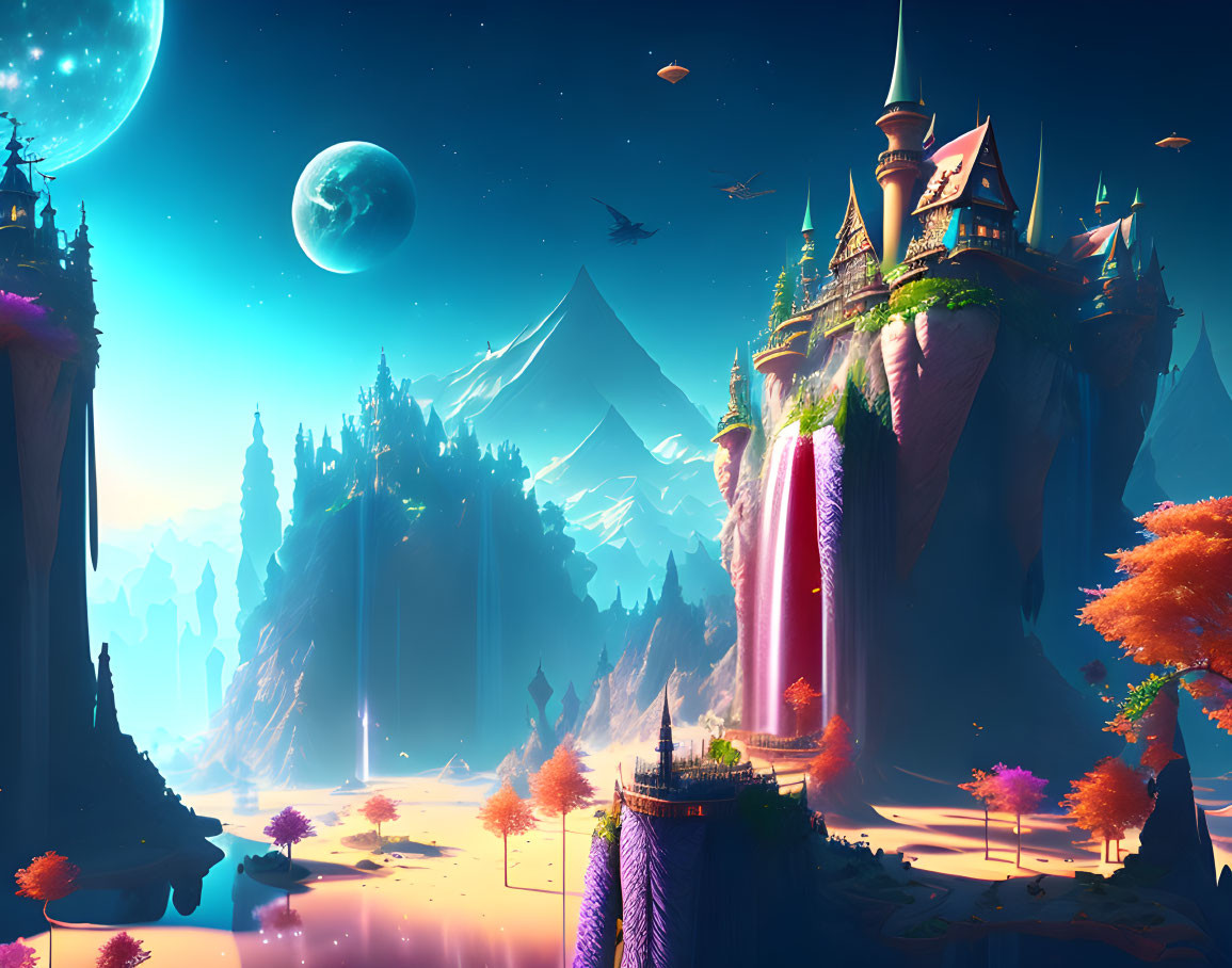 Fantasy landscape with floating islands, waterfalls, castle, moon, trees, and flying ships