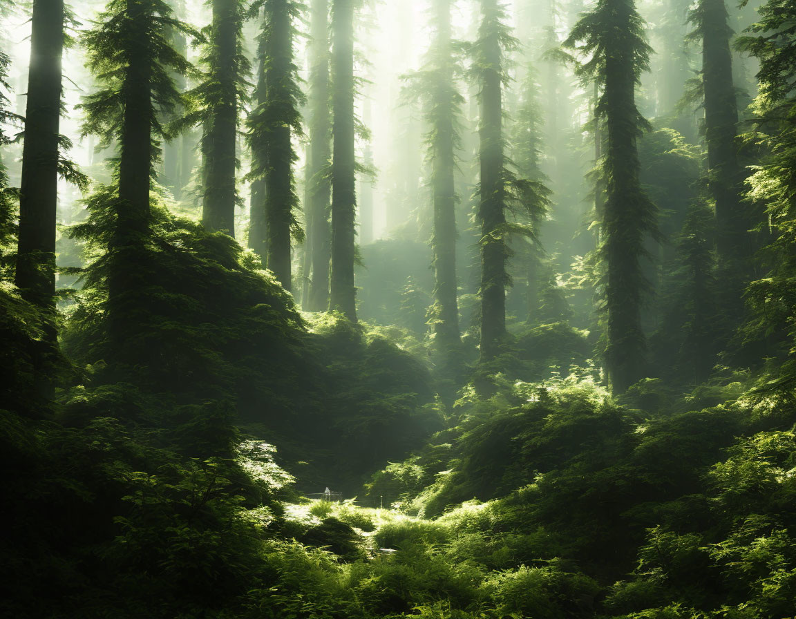 Misty forest with sunlight filtering through, vibrant green foliage.