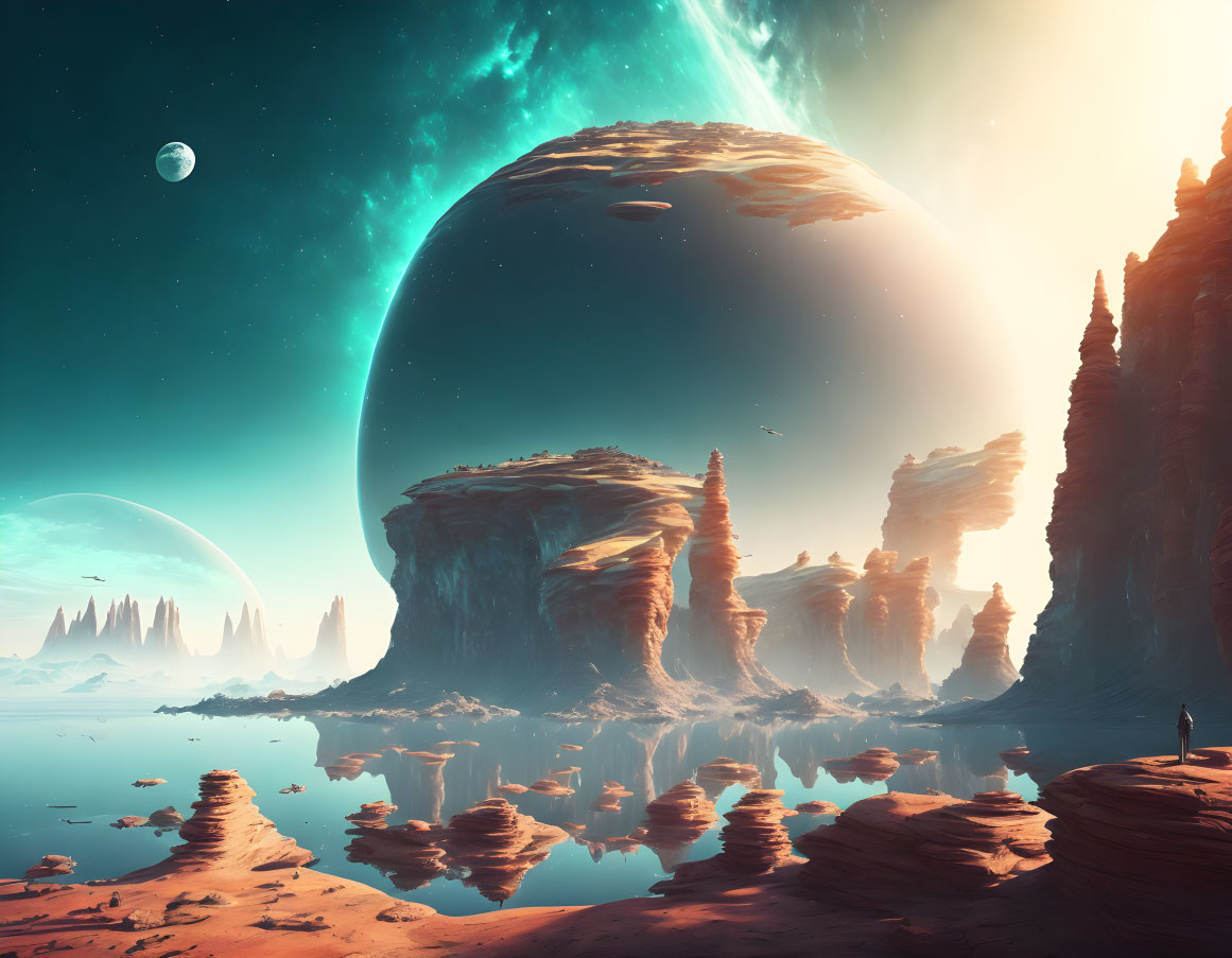 Alien landscape with towering rock formations and celestial bodies